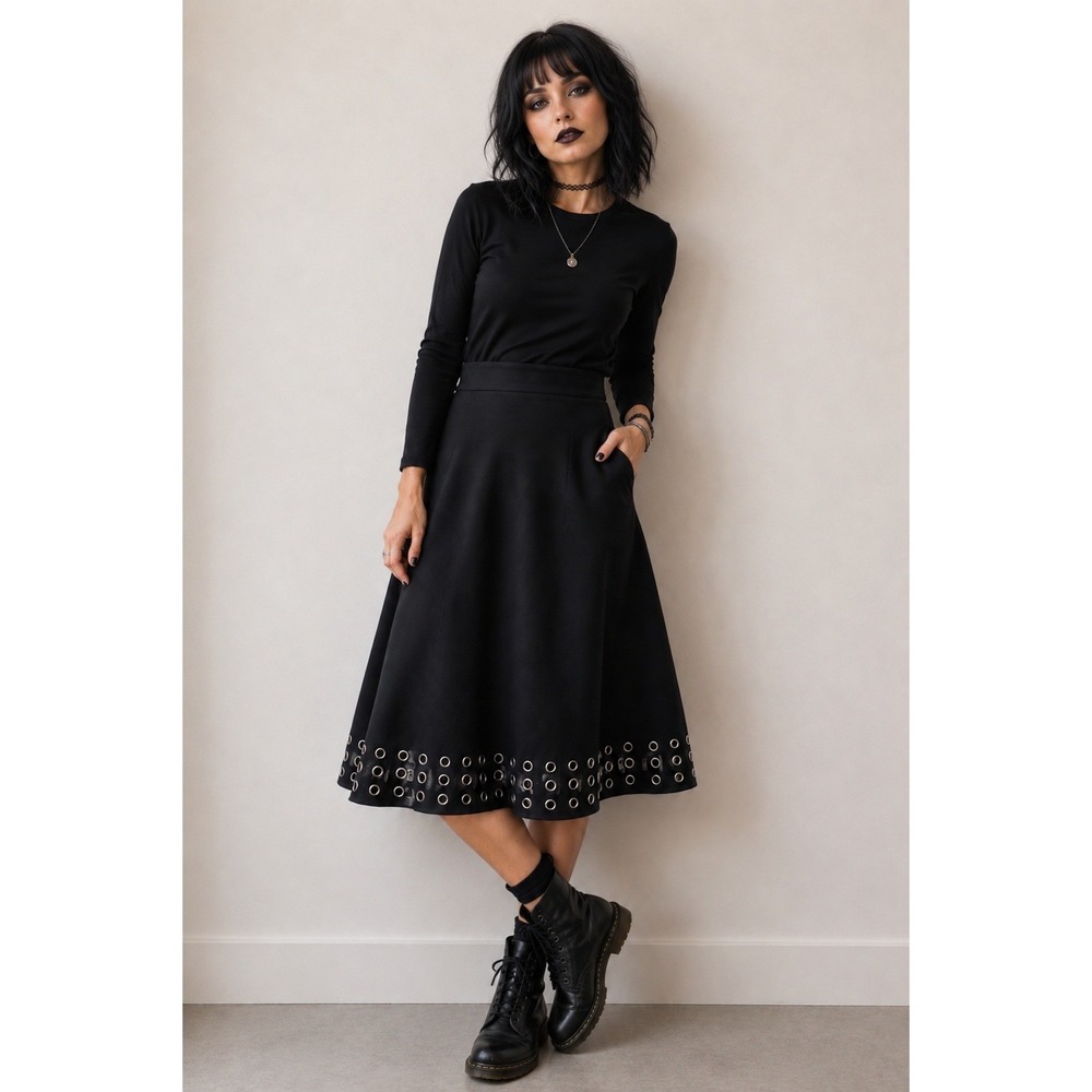 Sioni Black Knit Skater Skirt Medium with Silver Eyelet Grommet Hem